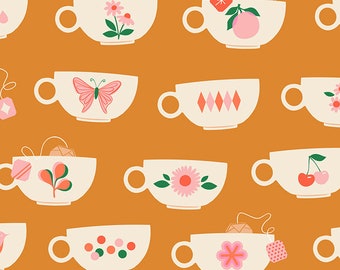 Teacups in Caramel Camellia by Melody Miller for Ruby Star Society; 100% woven cotton quilting fabric