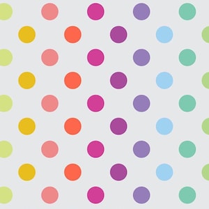 Pode incluir: Um padrão repetitivo de bolinhas coloridas em tons de rosa, laranja, amarelo, verde, roxo e azul sobre um fundo cinza claro. As bolinhas são espaçadas uniformemente, criando um design lúdico e alegre.