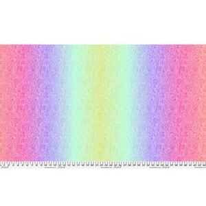 May include: A colourful fabric with a rainbow gradient, shifting from pink to purple, green, and yellow. The material has a delicate, swirling pattern. A ruler at the bottom measures up to 112 cm.