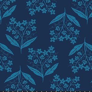 May include: A seamless pattern featuring blue floral designs on a dark blue background. The pattern is made up of stylised flowers and leaves.