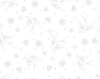May include: A seamless pattern featuring white silhouettes of swallows, stars, and hearts on a white background.