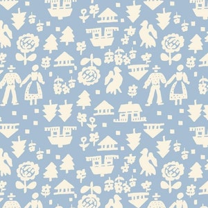 May include: A light blue background with a white repeating pattern of houses, trees, flowers, birds, and people. The pattern is reminiscent of folk art.