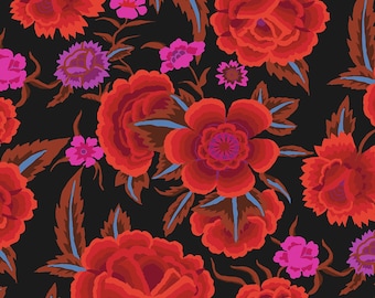 May include: A seamless pattern featuring large red and pink flowers with intricate details on a black background.