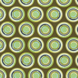 May include: A repeating pattern of concentric circles in shades of green, blue, and yellow on a brown background.