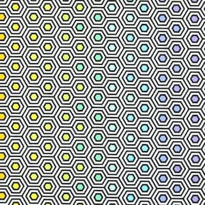 May include: A colorful geometric pattern with a gradient of colors from red to pink to purple to blue to green to yellow. The pattern is made up of hexagons with black outlines.