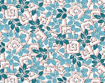 Könnte beinhalten: Ein weißer Stoff mit einem sich wiederholenden Muster aus stilisierten tealblauen und rosafarbenen Blättern und geometrischen Formen. Der Stoff ist mit einem Lineal in Zoll und dem Text "Riley Blake Designs" gekennzeichnet.