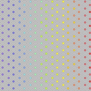 Pode incluir: Padrão geométrico abstrato com um design de favo de mel. Cada hexágono é preenchido com um gradiente de cores, passando do roxo ao vermelho. O fundo é cinza claro, criando um efeito visual dinâmico.