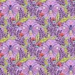 May include: A repeating pattern of stylized bees, flowers, and foliage on a lavender background. The bees are purple and yellow with delicate wing details. Red flowers and green leaves are interspersed throughout the design.
