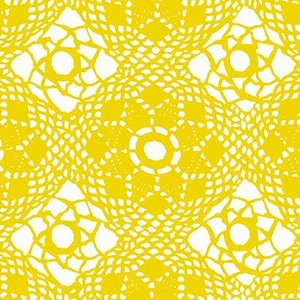 Pode incluir: Um padrão sem costura de renda de crochê amarela com um design circular repetitivo.
