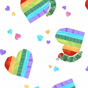 The Very Hungry Caterpillar Hearts in Day by Eric Carle Caterpillar Hearts for Andover Fabrics; 100% woven cotton quilting fabric