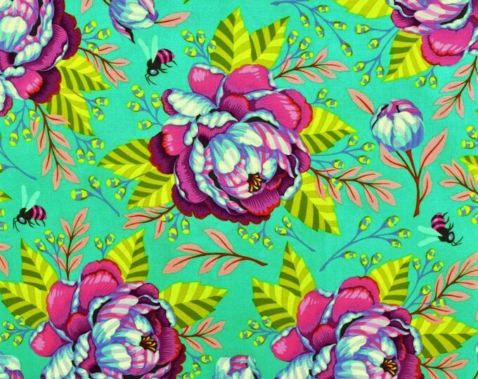 Tula Pink Kabloom in Dusk pink Flowers, Turquoise Background Moon Garden for Free Spirit Fabrics