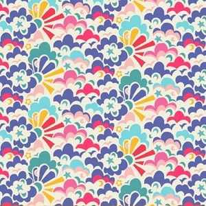 May include: A seamless pattern featuring a whimsical design of colorful clouds, stars, and crescent moons. The clouds are in shades of blue, pink, teal, and yellow, and the background is a light cream color.