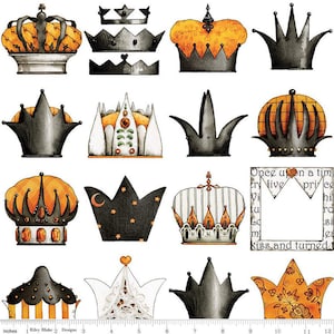 Può includere: Uno sfondo bianco con 15 diversi design di corone in nero, arancione e bianco. Le corone sono di forme e dimensioni diverse, e alcune hanno dettagli intricati. Il testo "Once upon a time" si trova nell'angolo in basso a destra dell'immagine.