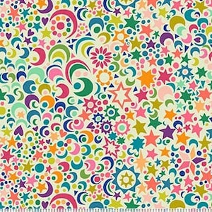 Puede incluir: Una tela colorida con un patrón repetitivo de estrellas, lunas y círculos en tonos de rosa, azul, verde, amarillo y naranja sobre un fondo crema.