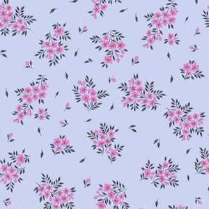 May include: A repeating pattern of pink floral clusters and small green leaves on a light blue background. The flowers are in full bloom, with a delicate, detailed appearance. The design is evenly spaced across the surface.