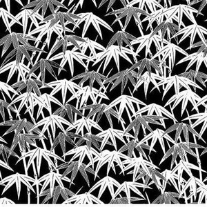 May include: Black and white illustration of a bamboo forest. The image features a repeating pattern of bamboo leaves and stalks.