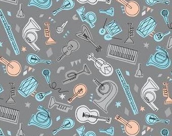 Band Practice Instruments in Gray by Figo Fabrics; 100% woven cotton quilting fabric