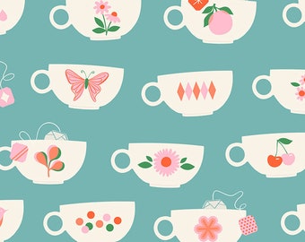 Teacups in Turquoise Camellia by Melody Miller for Ruby Star Society; 100% woven cotton quilting fabric