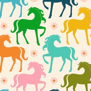 May include: A seamless pattern featuring colourful silhouettes of horses with stylised manes and tails. The horses are in shades of blue, green, yellow, orange, pink, and brown, set against a cream background.