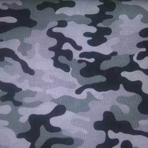 Camo Kickin Camo in Snow Camouflage Grey and Black; 100% woven cotton quilting fabric