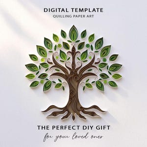 May include: A digital template for quilling paper art featuring a tree with a brown trunk and green leaves. The text reads DIGITAL TEMPLATE QUILLING PAPER ART and THE PERFECT DIY GIFT for your loved ones. The design uses coiled paper strips.