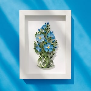 Decorazione murale con fiori di lino blu quilled – Decorazione artistica botanica su carta – Opera floreale fatta a mano – Regalo ispirato alla natura – Quadro con fiori di lino