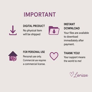 K&ouml;nnte beinhalten: Eine Infografik mit der &Uuml;berschrift IMPORTANT in violettem Text. Sie enth&auml;lt Details zu einem digitalen Produkt, Sofort-Download, Nutzungsbeschr&auml;nkungen f&uuml;r den privaten Gebrauch und ein Dankesch&ouml;n, erg&auml;nzt durch Download-, Ordner-, Haus- und Herzsymbole.