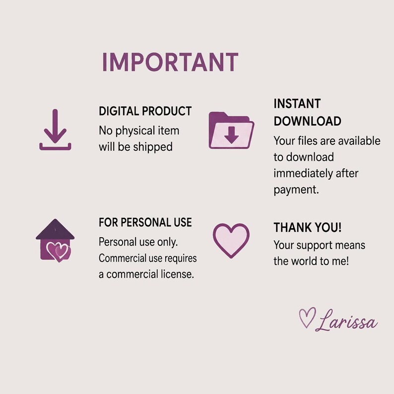 K&ouml;nnte beinhalten: Eine Infografik mit der &Uuml;berschrift IMPORTANT in violettem Text. Sie enth&auml;lt Details zu einem digitalen Produkt, Sofort-Download, Nutzungsbeschr&auml;nkungen f&uuml;r den privaten Gebrauch und ein Dankesch&ouml;n, erg&auml;nzt durch Download-, Ordner-, Haus- und Herzsymbole.