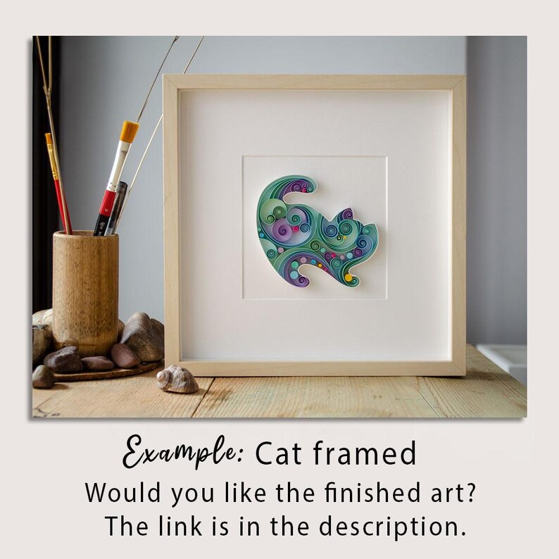 May include: Framed artwork featuring a colorful cat design. The cat is composed of swirling patterns in shades of green, blue, and purple. The artwork is displayed in a light wood frame with a white mat. Text on the image reads: "Example: Cat framed. Would you like the finished art? The link is in the description."