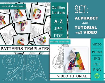 SET Alphabet and Tutorial with video for one letter A / 26 letters / Templates / Patterns / Quilling paper art / Instant download