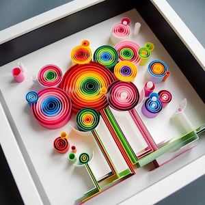 May include: A colorful paper quilling art piece in a white shadow box frame. The artwork features concentric circles in a rainbow of colors, with additional rolled paper elements and linear designs. The background is white, and the frame is white.
