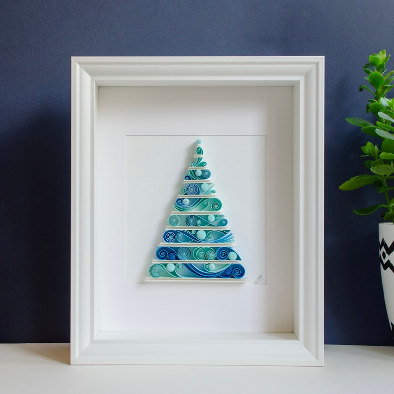 Christmas tree / Quilling art / Paper craft / Gift / Home decor Blue framed