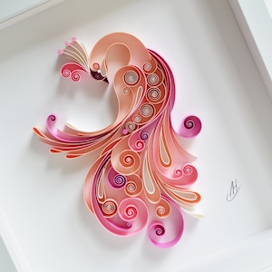 Pavone / Pronto per la spedizione / Uccello con penna / Arte con carta da quilling / Arte con cornice / Anniversario / Regalo di nozze / Compleanno / Decorazione da parete per la casa