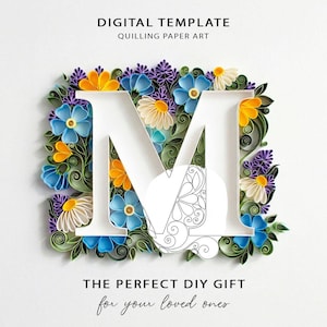Modello per monogramma con lettera M in quilling / Motivo floreale per arte su carta / Download digitale 0/95