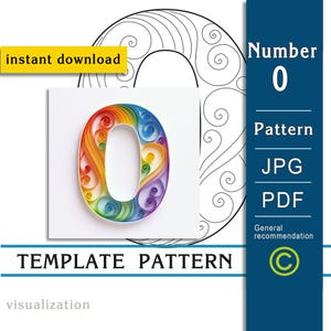 Può includere: Un numero zero di carta quilling colorata, con un arcobaleno di colori, è mostrato su sfondo bianco. L'immagine include il testo "download istantaneo" e "TEMPLATE PATTERN". Un pannello verticale blu a destra ha il testo "Number 0 Pattern JPG PDF".