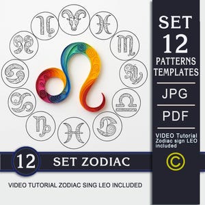 Set di modelli per quilling con segni zodiacali - 12 modelli zodiacali con tutorial video - Download digitale PDF JPG - Quilling Paper Art
