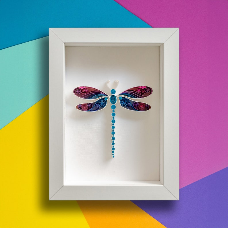 Framed Dragonfly: 3D Quilling Paper Art violet/blue/pink