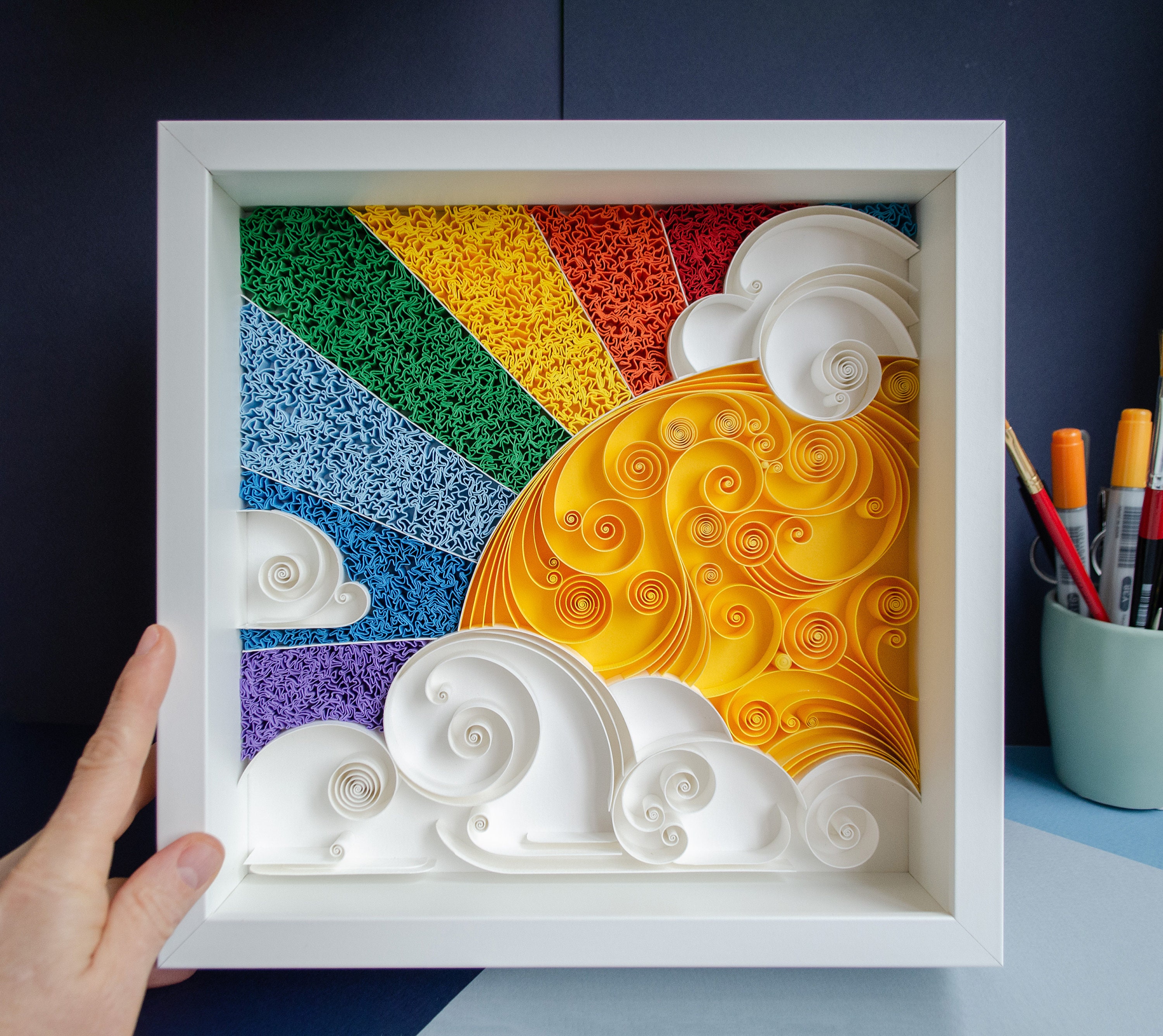 Rainbow Sun and Clouds Quilling Paper Wall Art Colorful Home Decor Unique Gift Quilled Sun Framed Quilling Design Rainbow Art Etsy