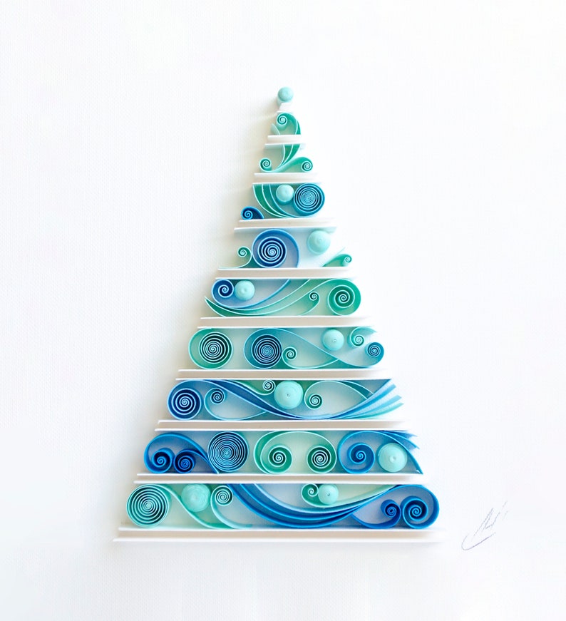 Christmas tree / Quilling art / Paper craft / Gift / Home decor Blue 6"x6 1/2"