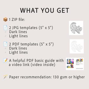 May include: A digital download product description with the text "WHAT YOU GET". Includes a ZIP file, JPG and PDF templates (5" x 5") with dark and light lines, a PDF guide with a video link, and a paper recommendation of 130 gsm or higher.