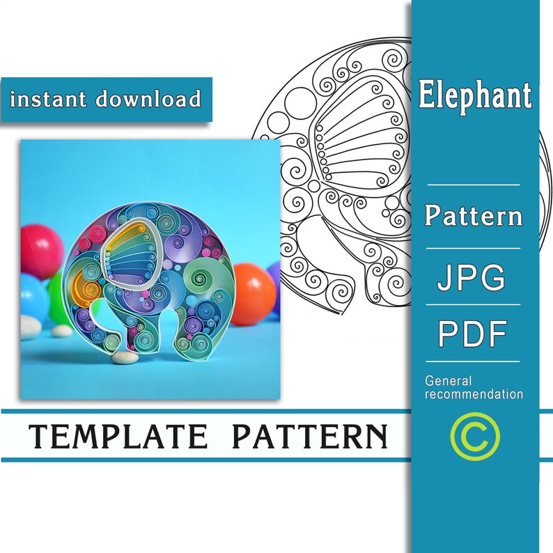 Elephant / Quilling paper art / ONLY Template / ONLY Pattern / General recommendations with a video with subtitles / Instant download image 1