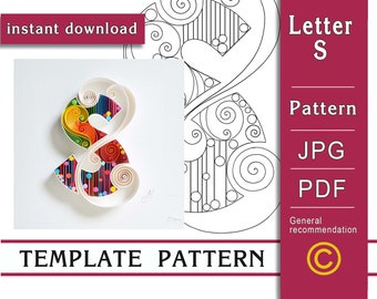 Letter S / Quilling paper art / ONLY Template / ONLY Pattern / General recommendations with a video with subtitles / Instant download