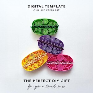 May include: Four colorful quilling paper art pieces in green, purple, yellow, and pink. Each piece has a unique design with spiral and wavy patterns. The text reads "DIGITAL TEMPLATE QUILING PAPER ART" and "THE PERFECT DIY GIFT for your loved ones."