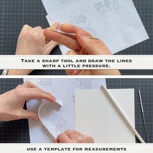 K&ouml;nnte beinhalten: Eine zweiteilige Anleitungsgrafik, die ein wei&szlig;es Stiftwerkzeug zeigt, das zum Nachzeichnen von Linien auf einer gedruckten Papiervorlage verwendet wird, mit dem Text: TAKE A SHARP TOOL AND DRAW THE LINES WITH A LITTLE PRESSURE. USE A TEMPLATE FOR MEASUREMENTS.