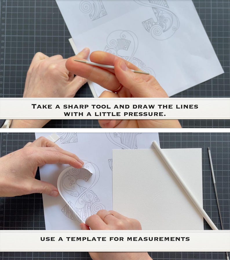 K&ouml;nnte beinhalten: Eine zweiteilige Anleitungsgrafik, die ein wei&szlig;es Stiftwerkzeug zeigt, das zum Nachzeichnen von Linien auf einer gedruckten Papiervorlage verwendet wird, mit dem Text: TAKE A SHARP TOOL AND DRAW THE LINES WITH A LITTLE PRESSURE. USE A TEMPLATE FOR MEASUREMENTS.