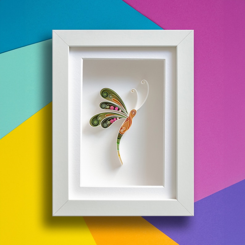 Framed Dragonfly: 3D Quilling Paper Art green/pink