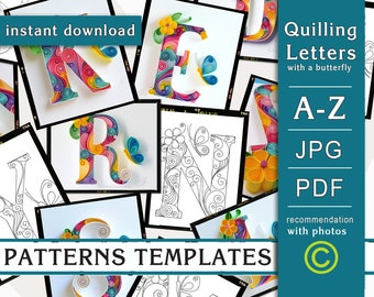 Quilling Alphabet / 26 letters with a butterfly / Patterns / Templates / Paper art / Instant download