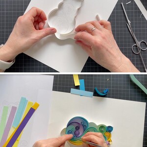 K&ouml;nnte beinhalten: Ein Papier-Quilling-Projekt mit einer katzenf&ouml;rmigen Umrandung, die mit bunten, eng gewickelten Papierstreifen gef&uuml;llt wird. Der Prozess beinhaltet das Formen d&uuml;nner, lebendiger Papierb&auml;nder zu komplizierten Wirbeln und Mustern.