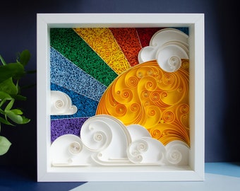 Rainbow, sun and clouds - Quilling paper wall art / Colorful Home Decor / Unique Gift / Quilled Sun / Framed Quilling Design / Rainbow Art