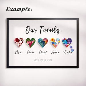 May include: A framed wall art piece featuring the text Our Family at the top and Love Grows Here at the bottom. Five paper quilled hearts in red, green, blue, yellow, and multicolored patterns are displayed above the names Nika, Diana, David, Arina, and Simka, with blue paw prints next to the final name.